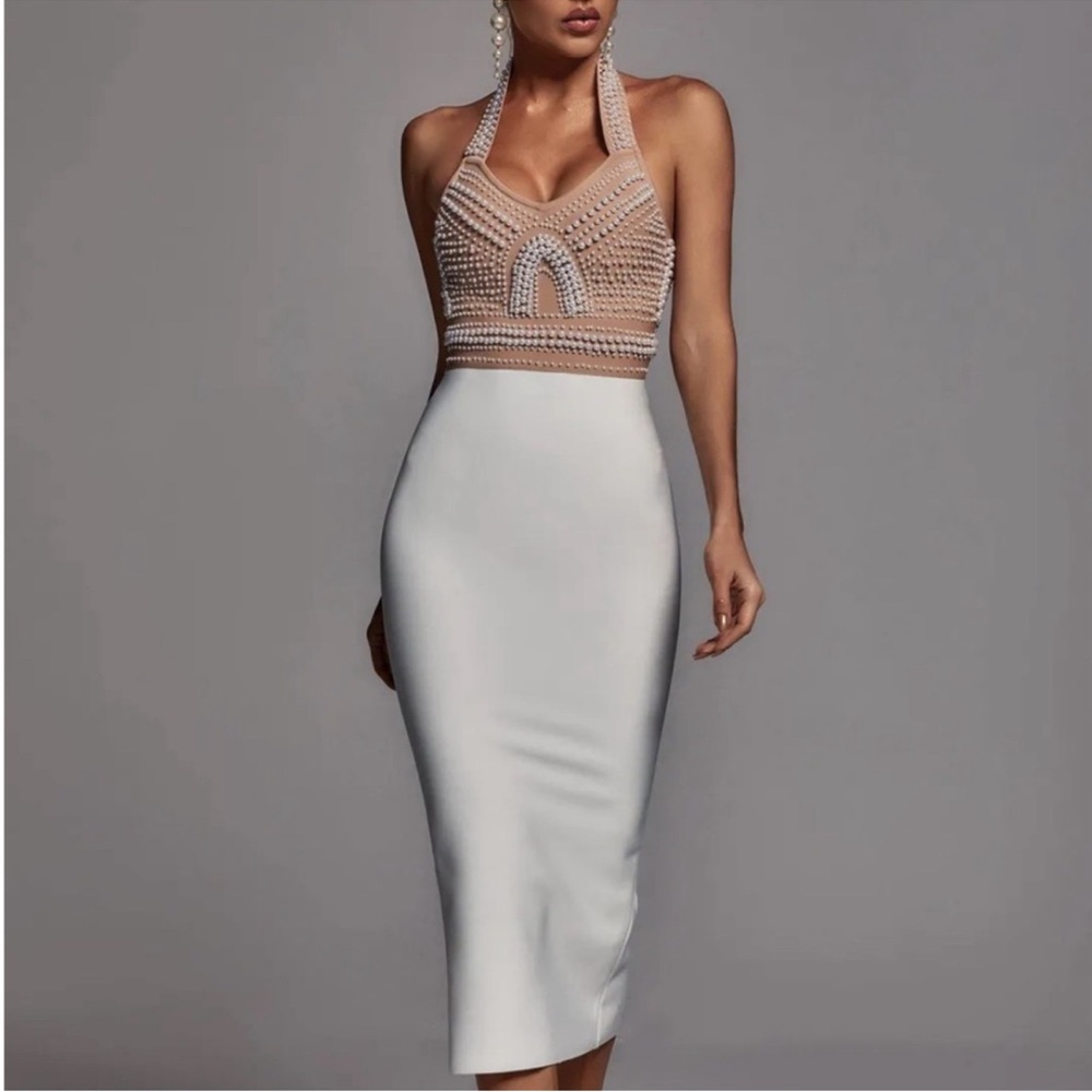 Elegant White and Beige Midi Dress